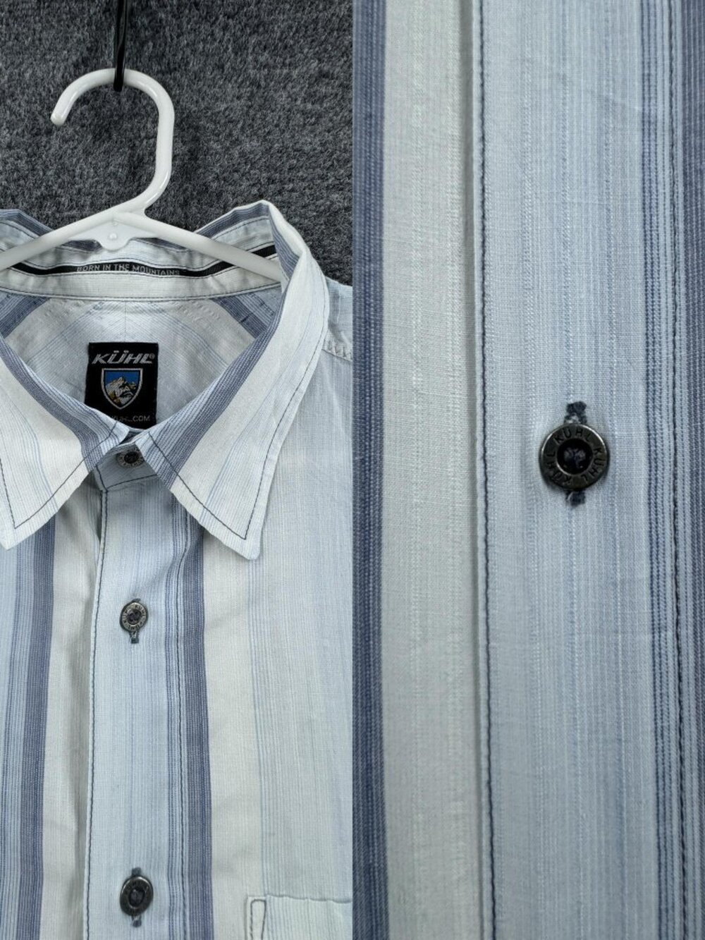Kuhl Short Sleeve Medium Striped Polyester Cotton Logo White Blue Outdoors Shirt
